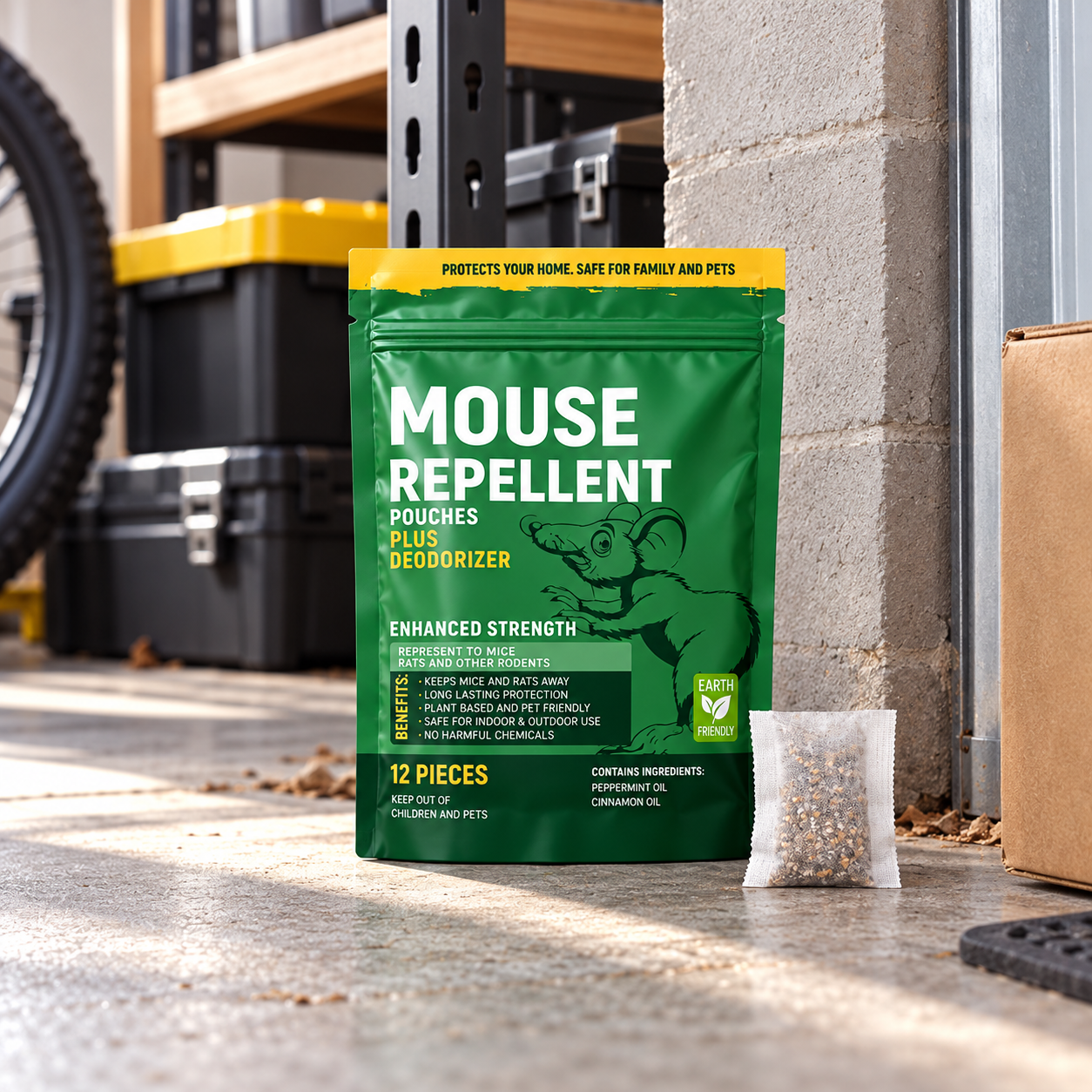 Repellent pouch placed in a real garage storage area