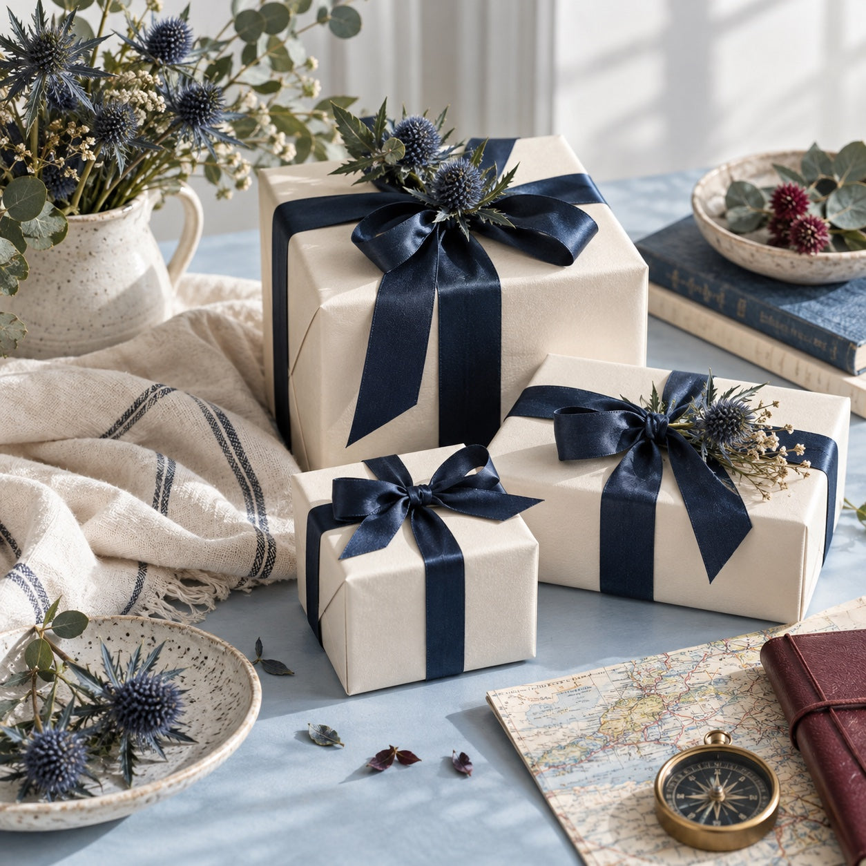 Wrapped gifts and blue thistle flowers