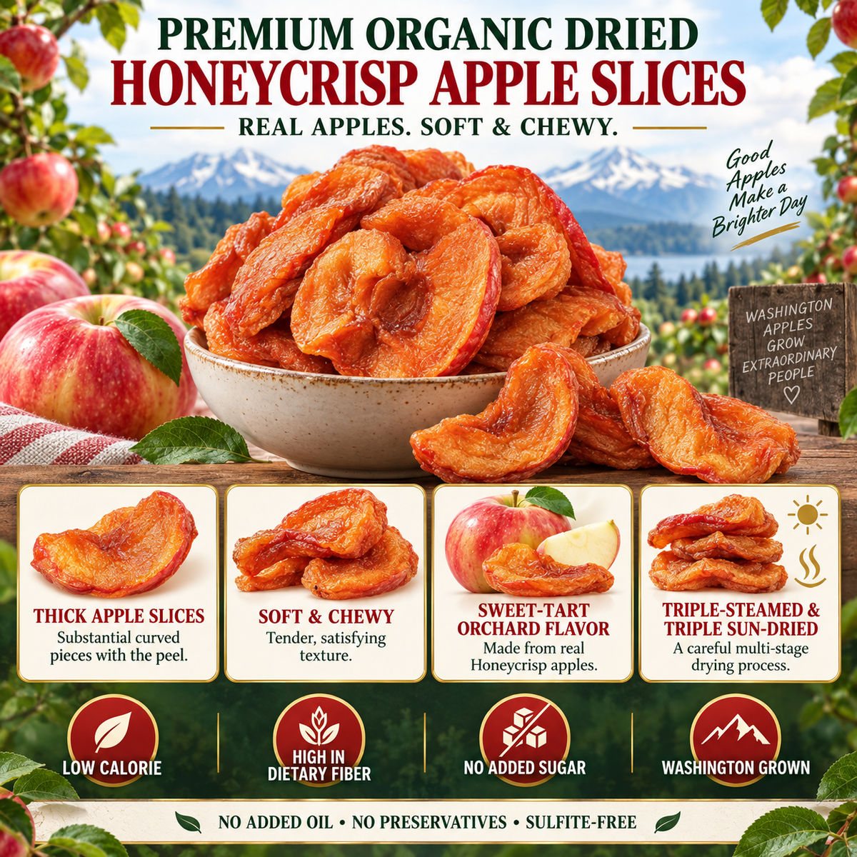 Nutritious dried apples made from fresh apples from Washington, D.C., using a three-steaming and three-drying process. - TH