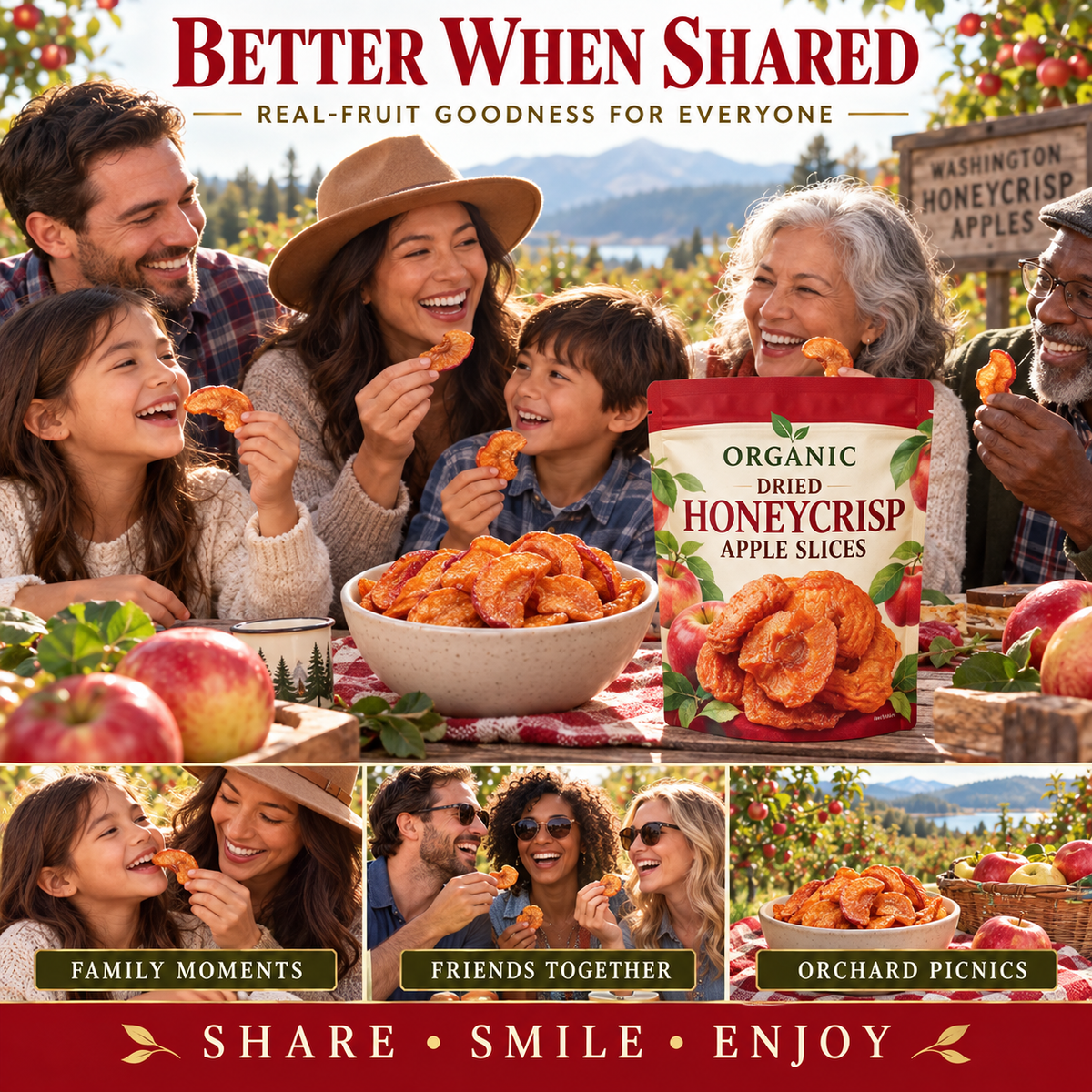 Nutritious dried apples made from fresh apples from Washington, D.C., using a three-steaming and three-drying process. - TH