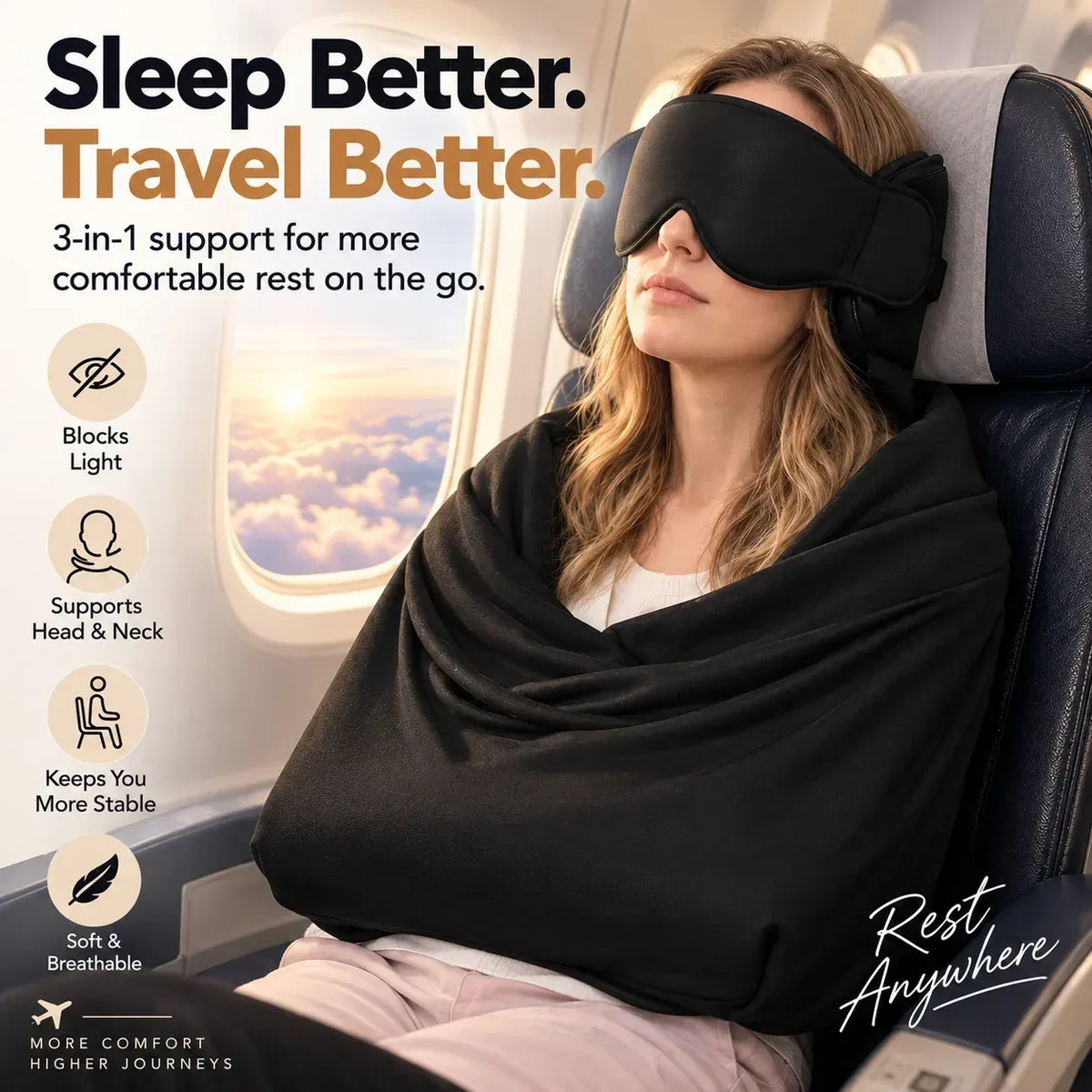 🔥🤯3-in-1 Travel Sleep Support – Blackout Eye Mask & Head Support - CYH