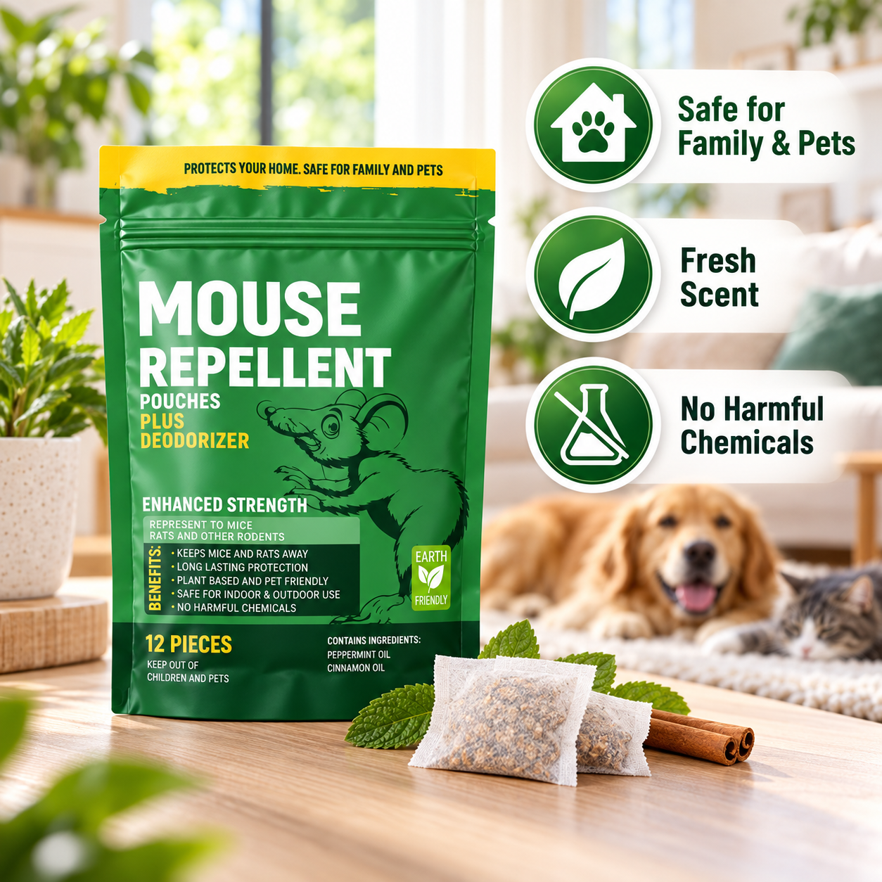 Mouse repellent displayed in a bright American home